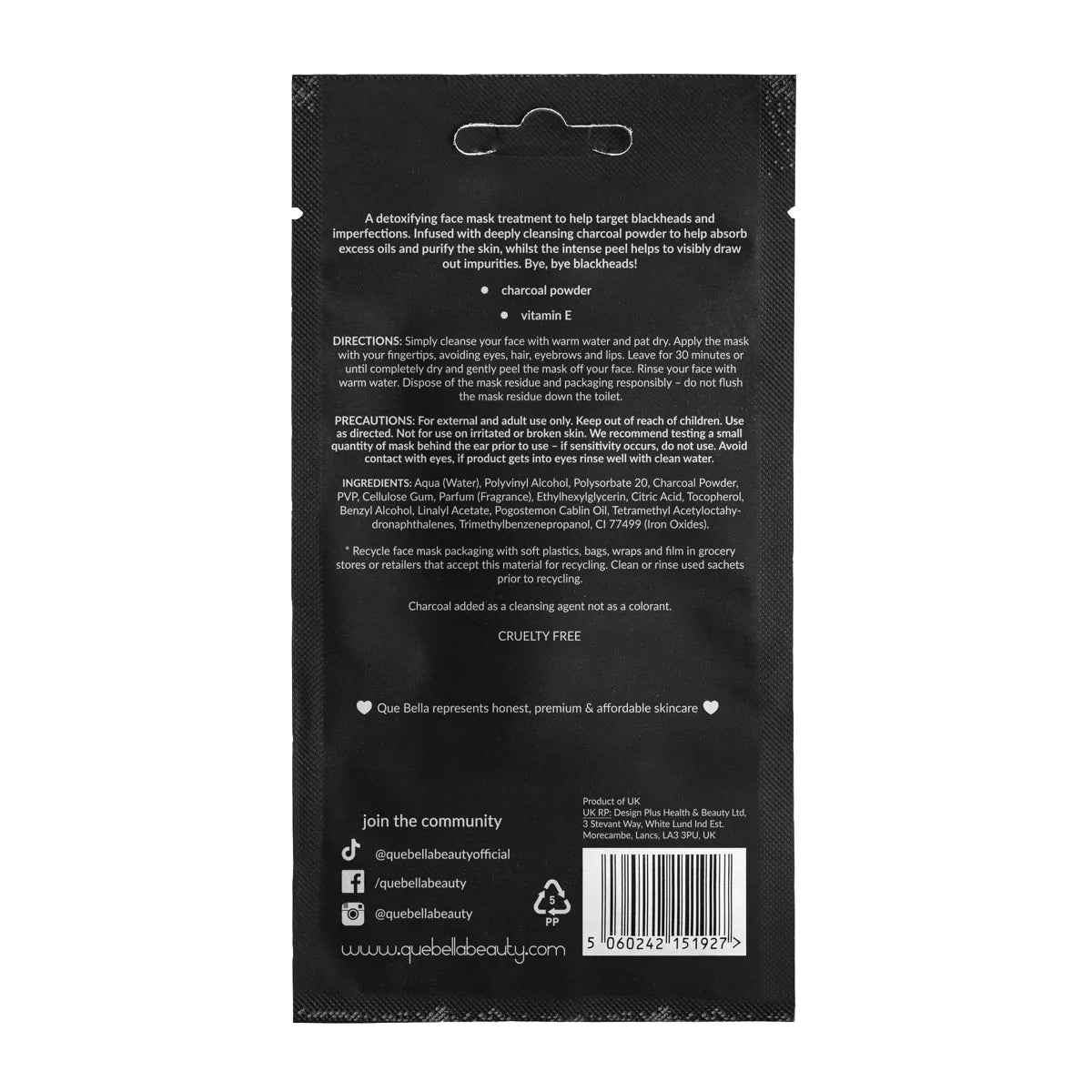 Que Bella Detoxifying Charcoal Peel off Mask - 0.5Oz: Paraben-Free, Water-Based, Vegan, Multi Skin Type